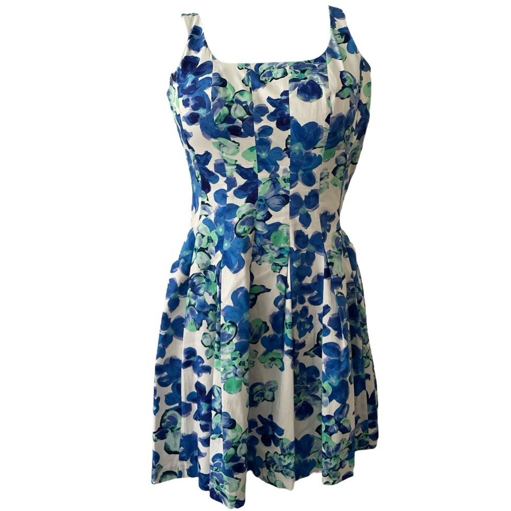 Ralph Lauren floral cotton dress fit and flare pleated pocket blue white green 4